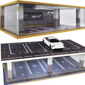 Otypus 1/24 Scale Diecast Car Model Display Case, 1:24 Garage with Adjustable Brightness Tricolor Light in Cars Detailing Studio Scene, 8 Parking Spots (4 Indoor +4 Roof Parking Spots)