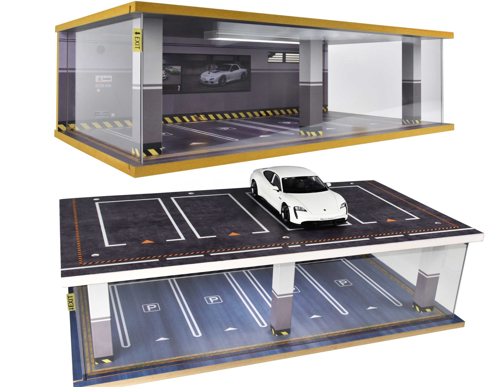 Otypus 1/24 Scale Diecast Car Model Display Case, 1:24 Garage with Adjustable Brightness Tricolor Light in Cars Detailing Studio Scene, 8 Parking Spots (4 Indoor +4 Roof Parking Spots)