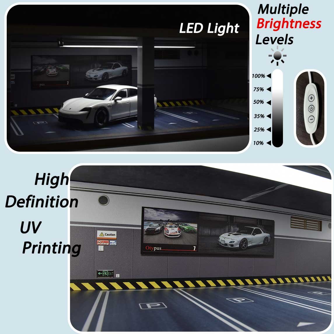 Otypus 1/24 Scale Diecast Car Model Display Case, 1:24 Garage with Adjustable Brightness Tricolor Light in Cars Detailing Studio Scene, 8 Parking Spots (4 Indoor +4 Roof Parking Spots) - Image 2