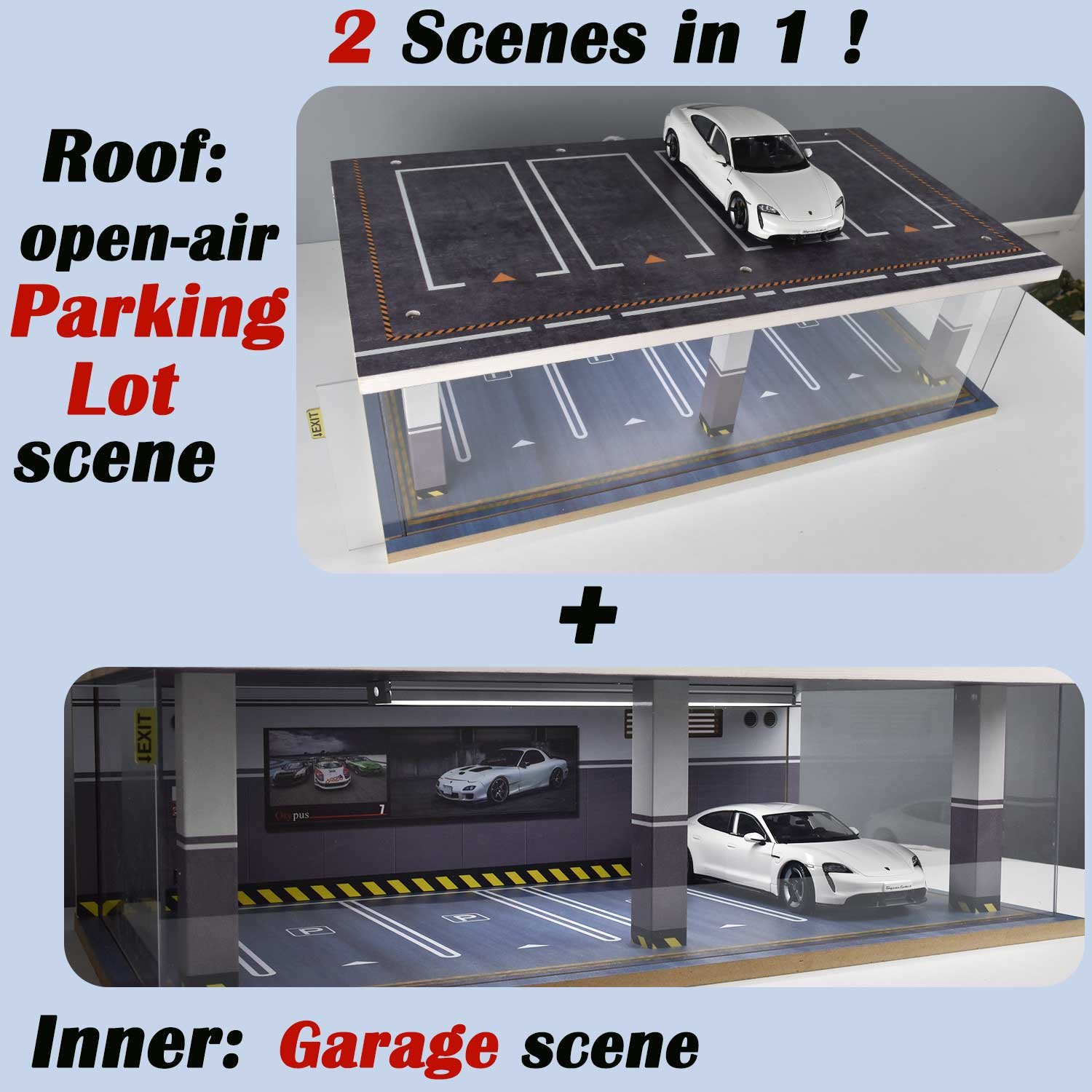 Otypus 1/24 Scale Diecast Car Model Display Case, 1:24 Garage with Adjustable Brightness Tricolor Light in Cars Detailing Studio Scene, 8 Parking Spots (4 Indoor +4 Roof Parking Spots) - Image 3
