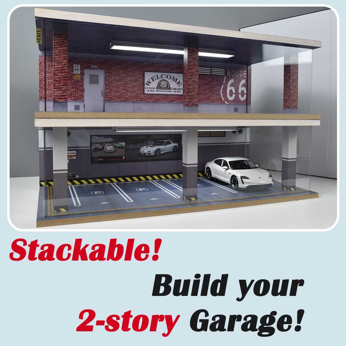 Otypus 1/24 Scale Diecast Car Model Display Case, 1:24 Garage with Adjustable Brightness Tricolor Light in Cars Detailing Studio Scene, 8 Parking Spots (4 Indoor +4 Roof Parking Spots) - Image 4