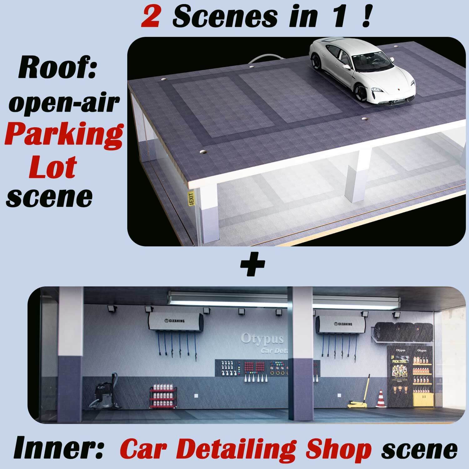Otypus 1/24 Scale Diecast Car Model Display Case, 1:24 Garage with Adjustable Brightness Tricolor Light in Cars Detailing Studio Scene, 8 Parking Spots (4 Indoor +4 Roof Parking Spots) - Image 3