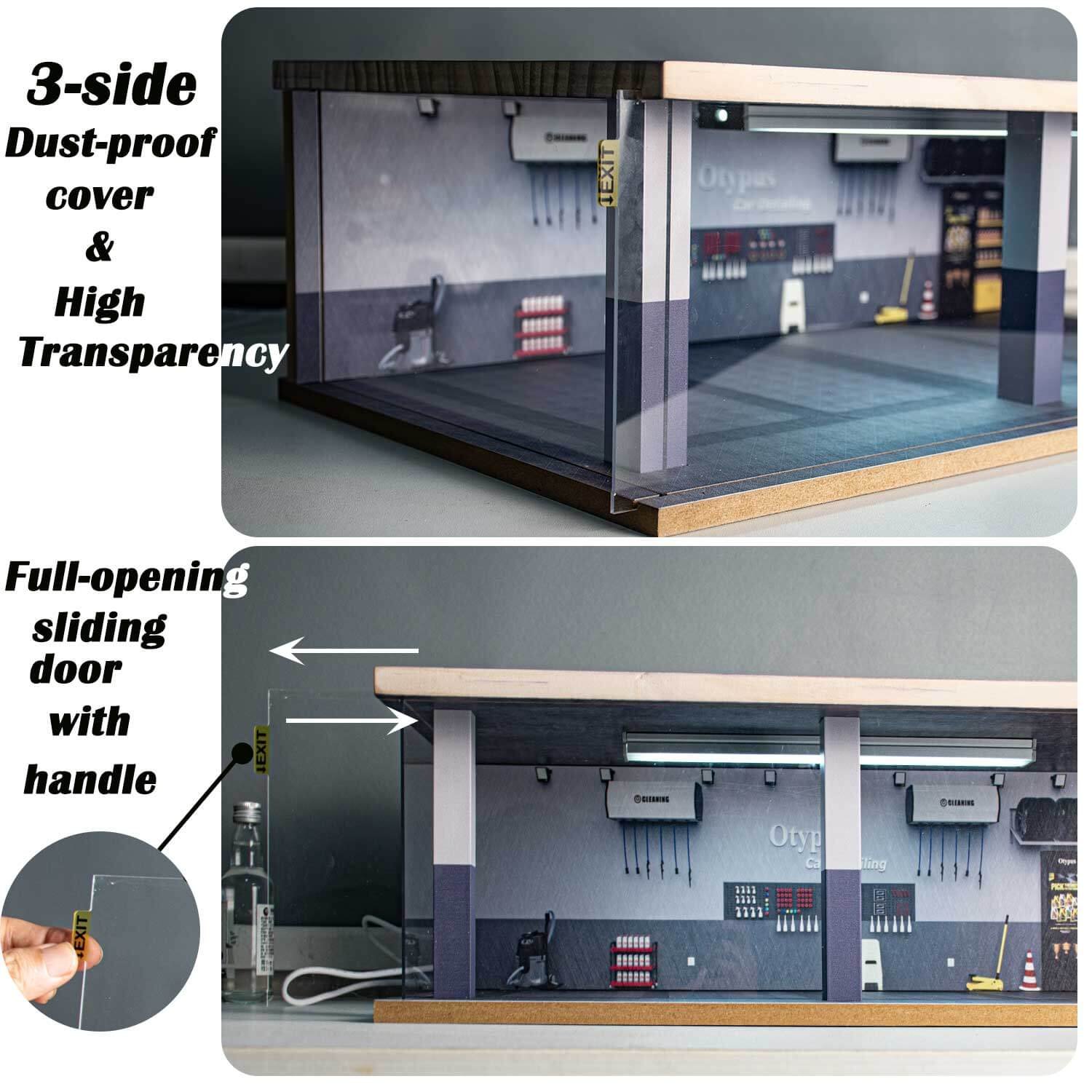 Otypus 1/24 Scale Diecast Car Model Display Case, 1:24 Garage with Adjustable Brightness Tricolor Light in Cars Detailing Studio Scene, 8 Parking Spots (4 Indoor +4 Roof Parking Spots) - Image 4