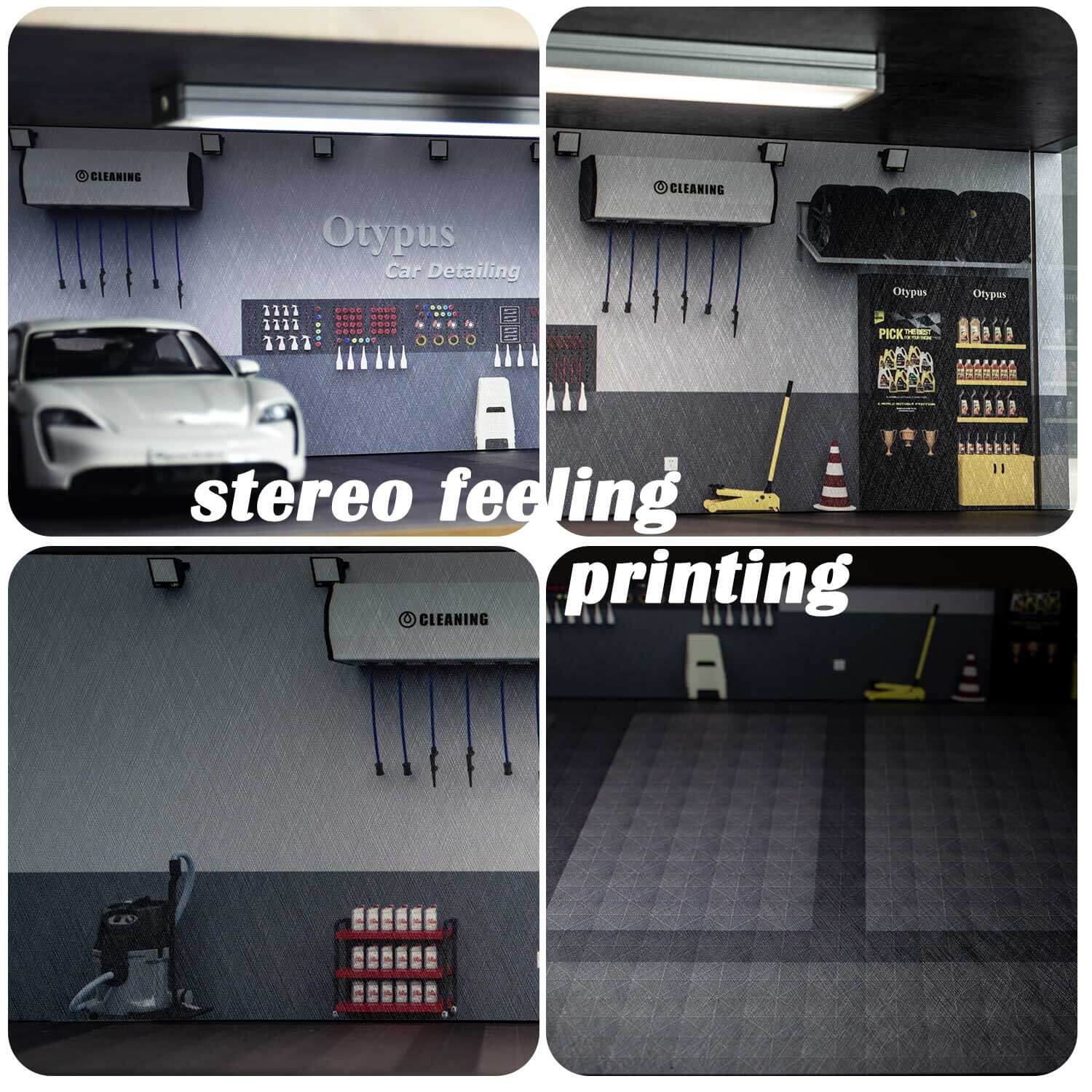 Otypus 1/24 Scale Diecast Car Model Display Case, 1:24 Garage with Adjustable Brightness Tricolor Light in Cars Detailing Studio Scene, 8 Parking Spots (4 Indoor +4 Roof Parking Spots) - Image 5