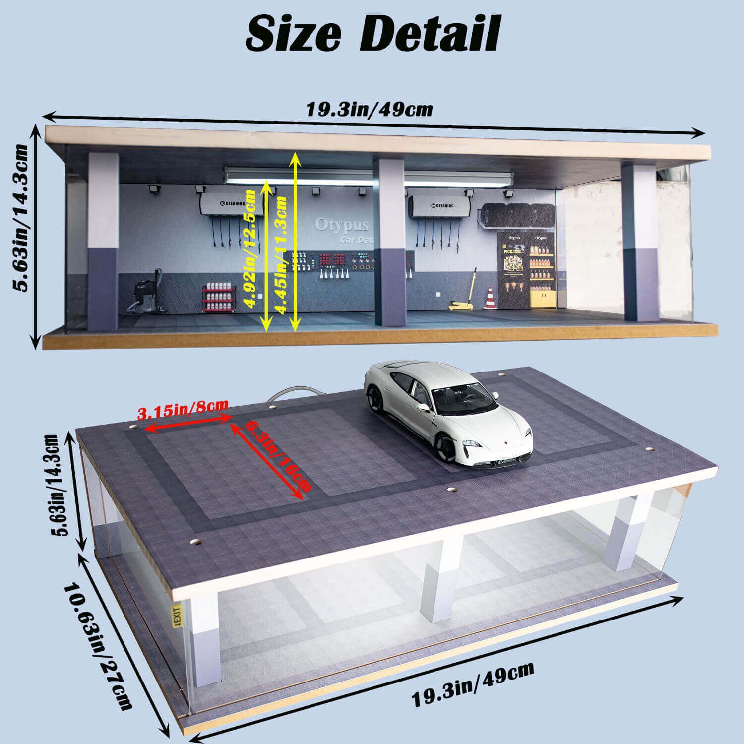 Otypus 1/24 Scale Diecast Car Model Display Case, 1:24 Garage with Adjustable Brightness Tricolor Light in Cars Detailing Studio Scene, 8 Parking Spots (4 Indoor +4 Roof Parking Spots) - Image 6