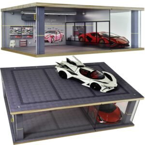 Otypus 1/18 Scale Model Car Display Case with Fully Modeled Partition & Tri-Color Dimmable Light, 1:18 Garage for Diecast Cars, Car Detailing & Cleaning Studio Diorama with Roof Parking Lot
