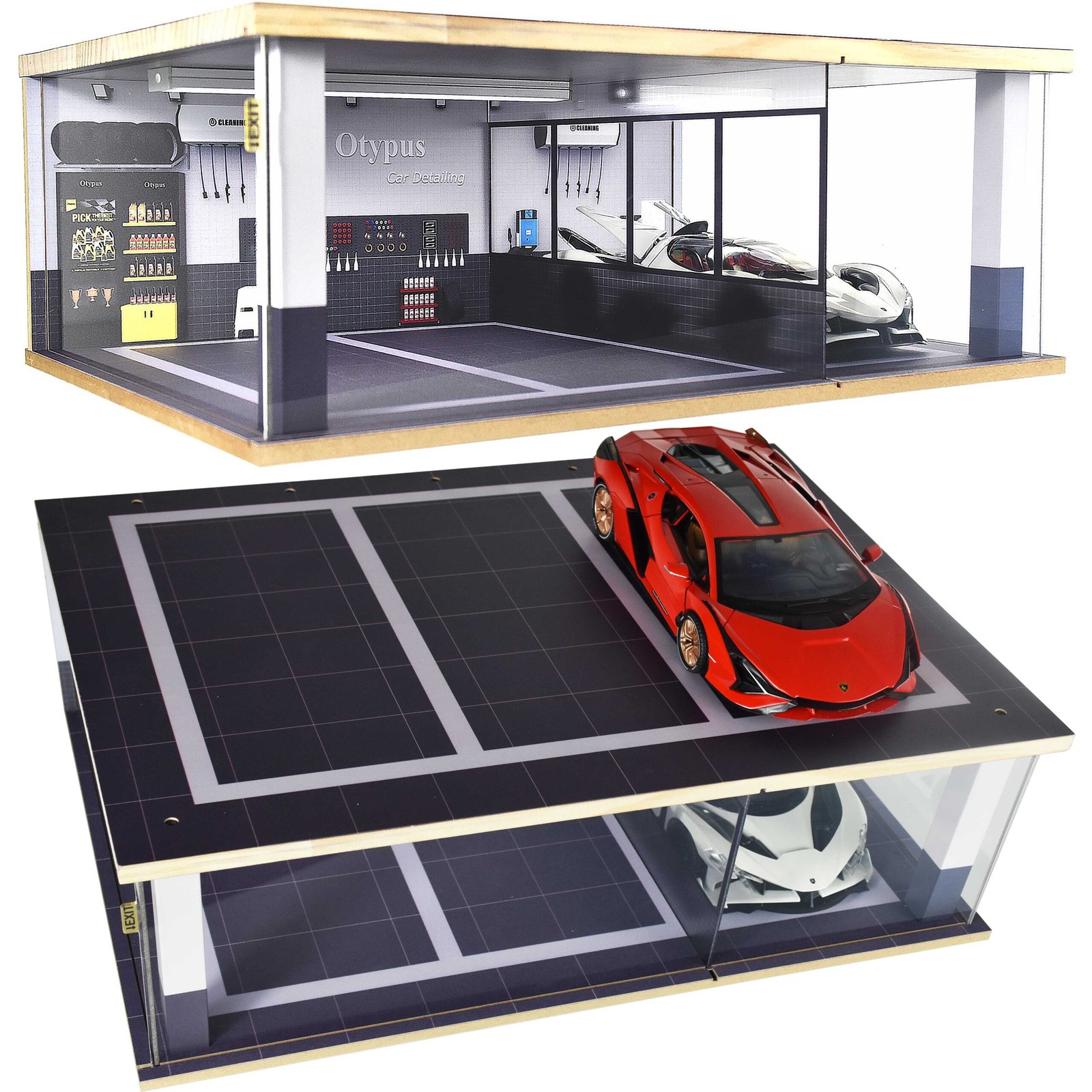 Otypus 1/18 Scale Model Car Display Case with Fully Modeled Partition & Tri-Color Dimmable Light, 1:18 Garage for Diecast Cars, Car Detailing & Cleaning Studio Diorama with Roof Parking Lot