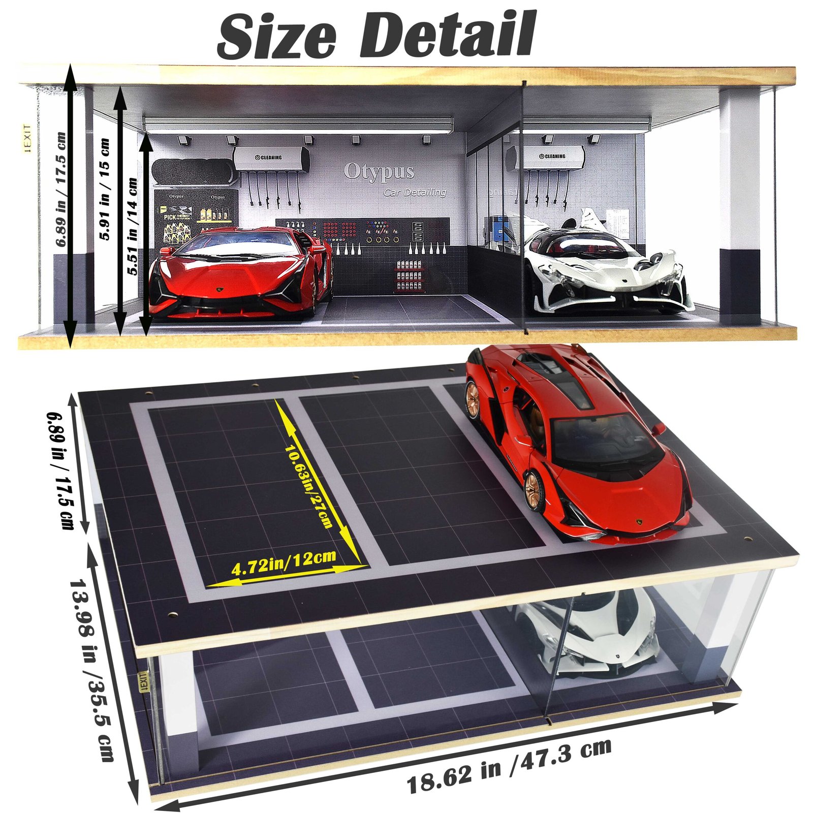 Otypus 1/18 Scale Model Car Display Case with Fully Modeled Partition & Tri-Color Dimmable Light, 1:18 Garage for Diecast Cars, Car Detailing & Cleaning Studio Diorama with Roof Parking Lot - Image 4