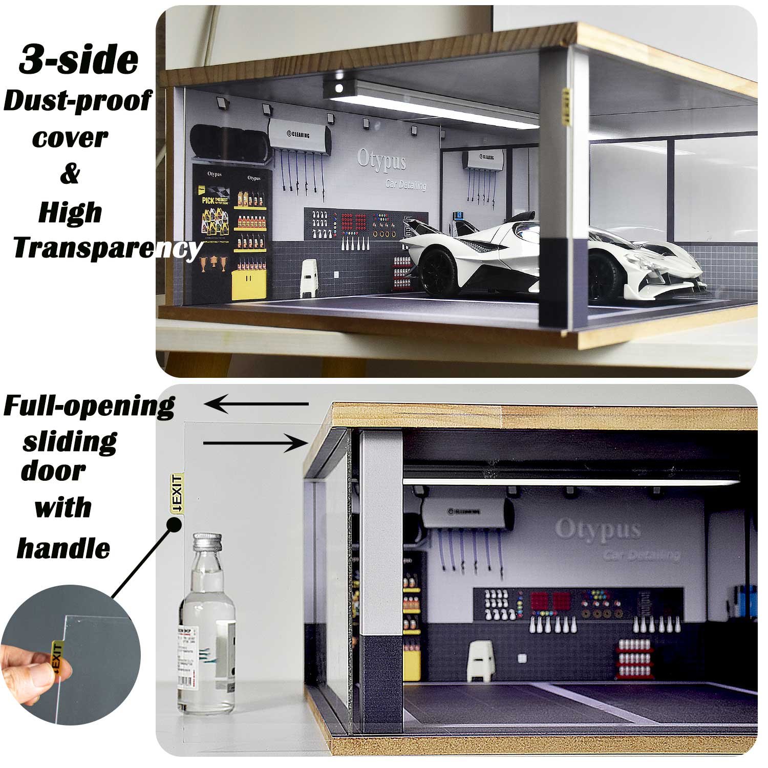 Otypus 1/18 Scale Model Car Display Case with Fully Modeled Partition & Tri-Color Dimmable Light, 1:18 Garage for Diecast Cars, Car Detailing & Cleaning Studio Diorama with Roof Parking Lot - Image 5
