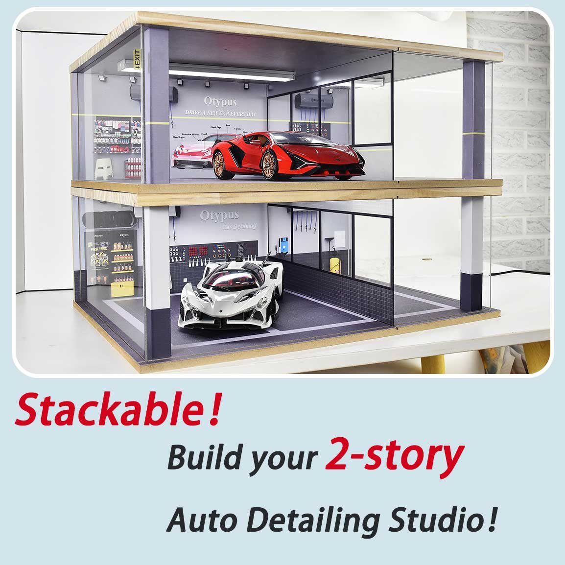 Otypus 1/18 Scale Model Car Display Case with Fully Modeled Partition & Tri-Color Dimmable Light, 1:18 Garage for Diecast Cars, Car Detailing & Cleaning Studio Diorama with Roof Parking Lot - Image 6