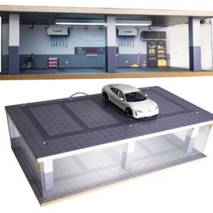 Otypus 1/24 Scale Diecast Car Model Display Case, 1:24  Garage with Adjustable Brightness Tricolor Light in Cars Detailing Studio Scene, 8 Parking Spots (4 Indoor +4 Roof Parking Spots)