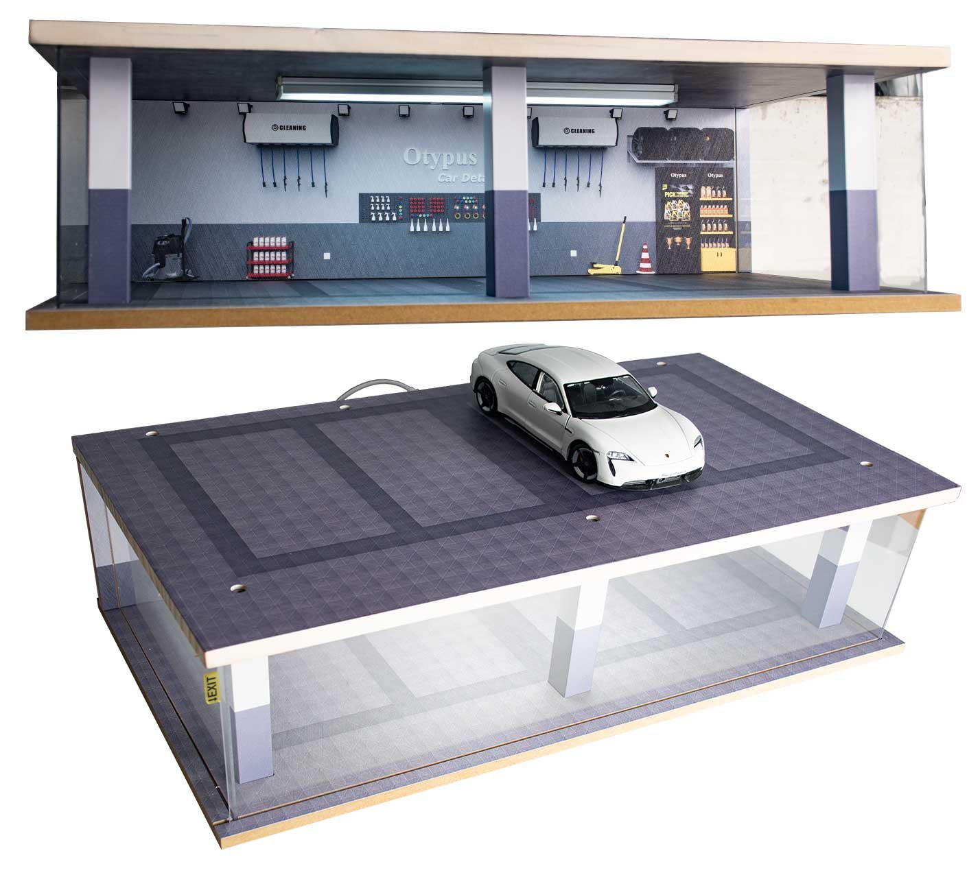 Otypus 1/24 Scale Diecast Car Model Display Case, 1:24 Garage with Adjustable Brightness Tricolor Light in Cars Detailing Studio Scene, 8 Parking Spots (4 Indoor +4 Roof Parking Spots)